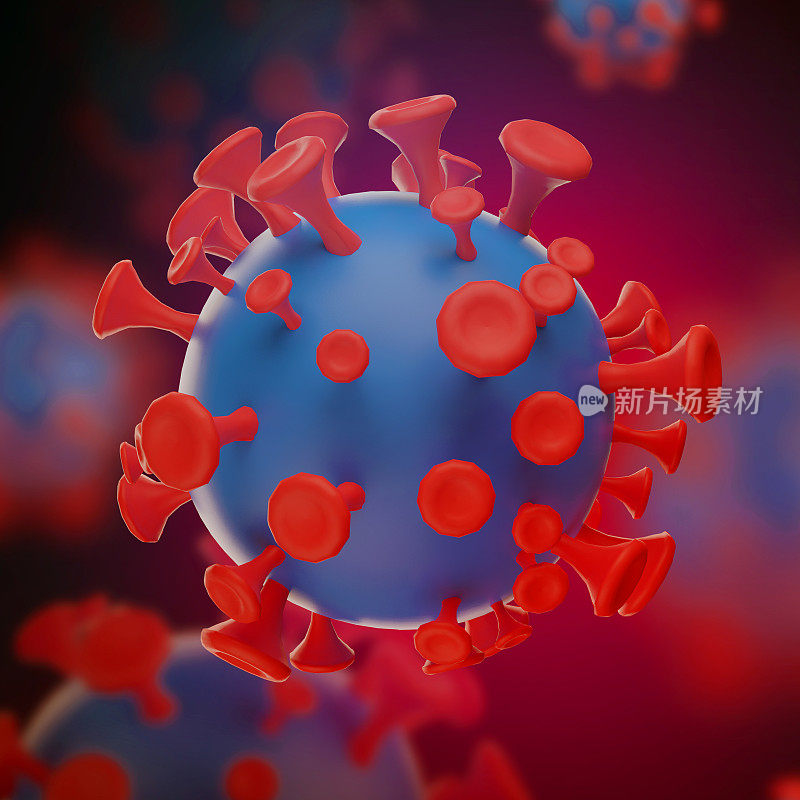 3D渲染病毒Covid -19和RNA病毒，冠状病毒，Covid - 19-NCP。冠状病毒nCoV在红色背景下分离。3 d演示。